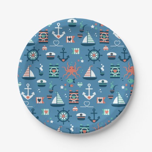 Cute blue nautical captain maritime pattern paper plates