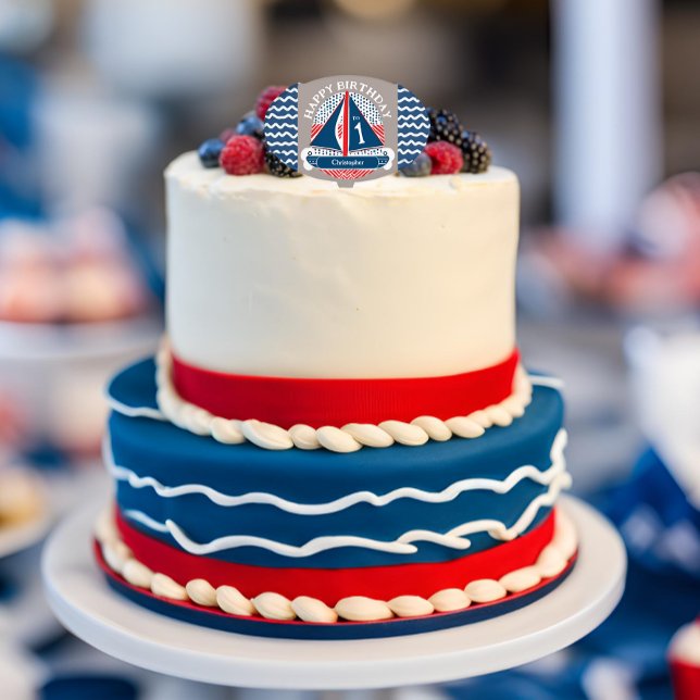 Cute Blue Nautical Happy 1st Birthday Sailboat  Cake Topper (Creator Uploaded)