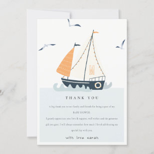 Cute Blue Nautical Sailboat Pastel Baby Shower Thank You Card