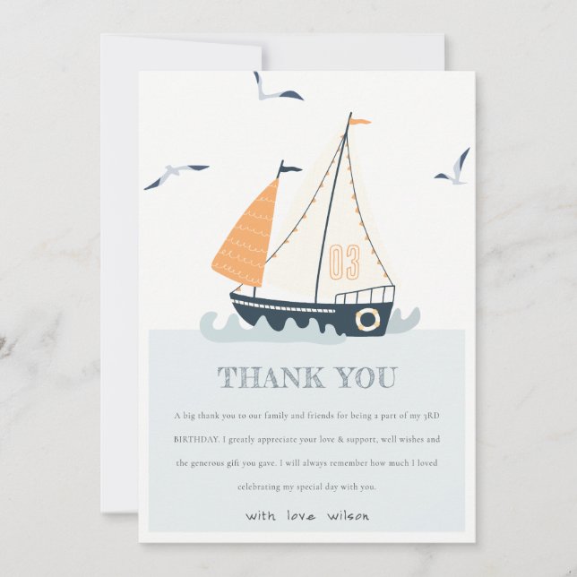 Cute Blue Nautical Sailboat Pastel Kids Birthday Thank You Card (Front)
