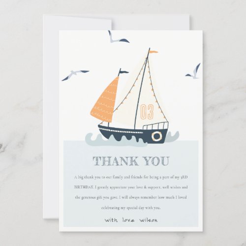 Cute Blue Nautical Sailboat Pastel Kids Birthday Thank You Card