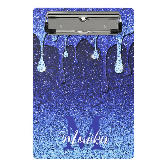 Cute Blue Navy Glitter Drips Monogram Mini Clipboard (Front)