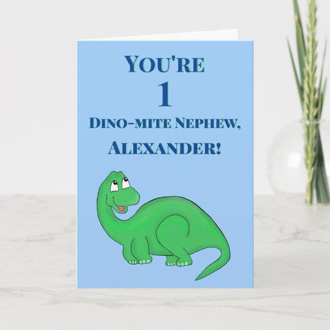 Cute Blue Nephew Son Boy 1st Birthday Dinosaur Card (Front)