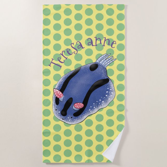 Cute blue nudibranch sea slug cartoon illustration beach towel