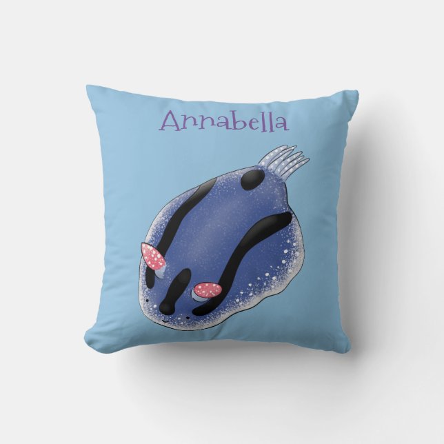 Cute blue nudibranch sea slug cartoon illustration throw pillow (Front)
