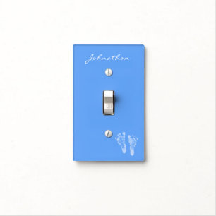 Cute Blue Nursery Footprints With Baby Boy Name Light Switch Cover