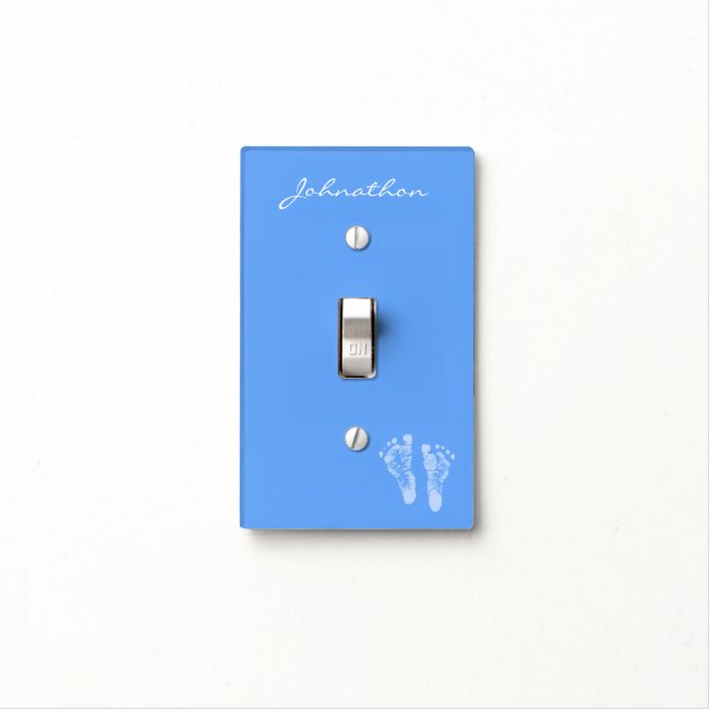 Cute Blue Nursery Footprints With Baby Boy Name Light Switch Cover (In Situ)