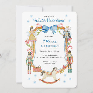 Cute Blue Nutcracker Christmas Boy 1st Birthday Invitation