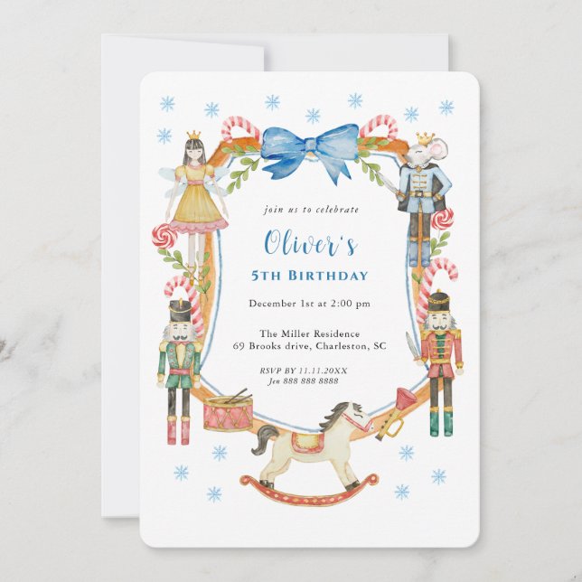 Cute Blue Nutcracker Christmas Boy Birthday  Invitation (Front)