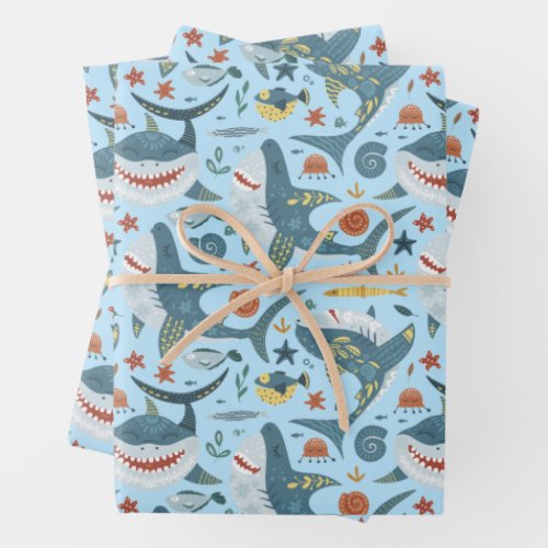 Cute Blue Ocean Baby Sharks Kids Birthday Boy Gift Wrapping Paper Sheets