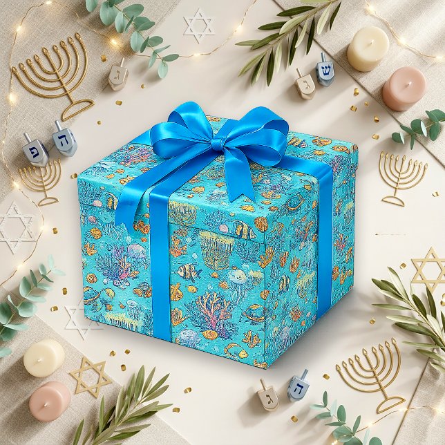 Cute Blue Ocean Hanukkah Wrapping Paper (Creator Uploaded)