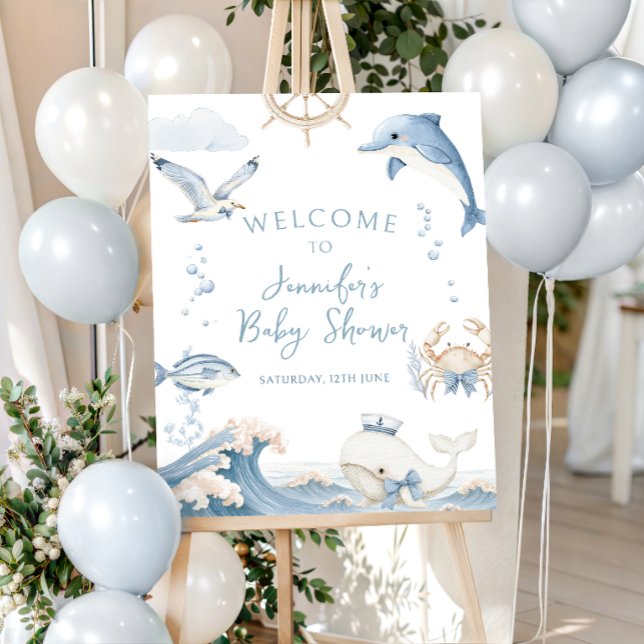 Cute Blue Ocean Sea Baby Boy Shower Welcome Sign (Creator Uploaded)