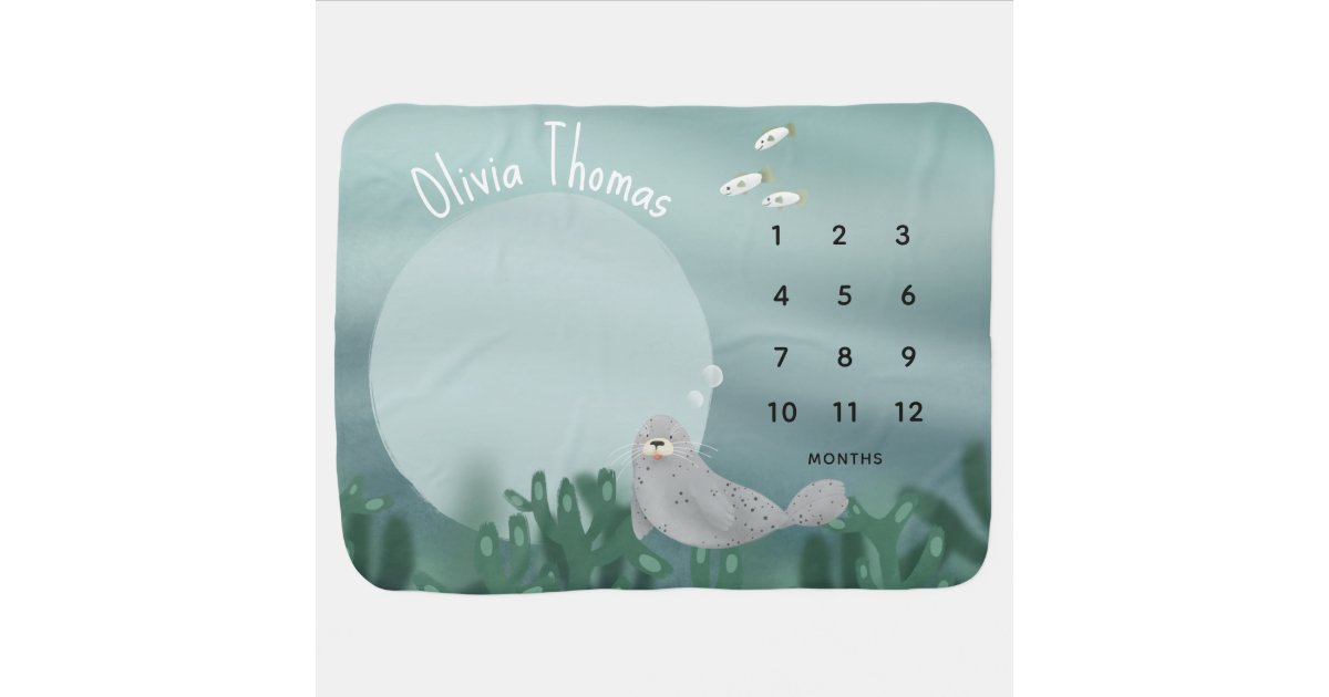 Cute Blue Ocean Seal Under the Sea Milestone Baby Blanket | Zazzle