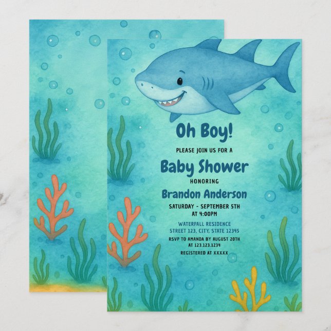 Cute Blue Ocean Shark Boy Baby Shower Invitation (Front/Back)