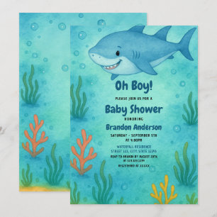 Cute Blue Ocean Shark Boy Baby Shower Invitation