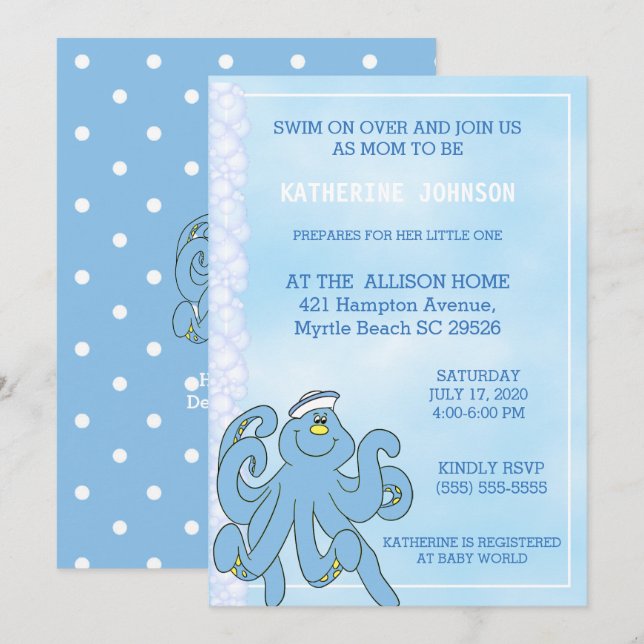 Cute Blue Octopus Baby Shower Invitation (Front/Back)