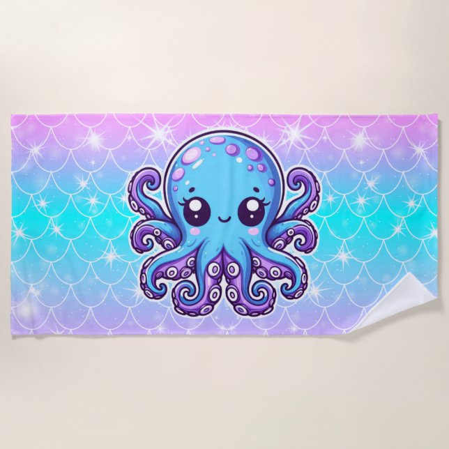 Cute blue octopus beach towel (Front)