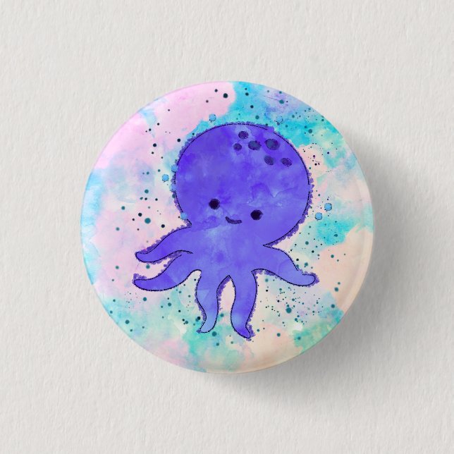 Cute Blue Octopus Cartoon Watercolor Button (Front)