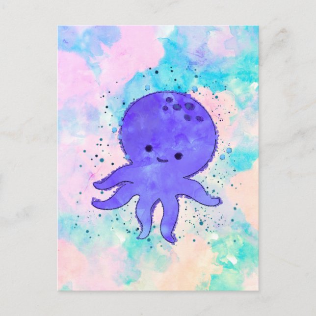 Cute Blue Octopus Cartoon Watercolor Postcard (Front)