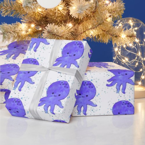 Cute Blue Octopus Cartoon Watercolor Wrapping Paper