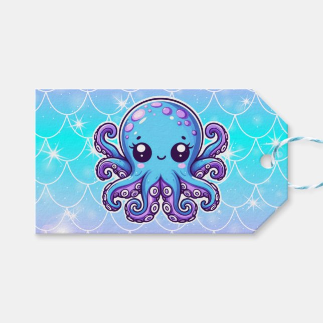 Cute blue octopus gift tags (Front (Horizontal))