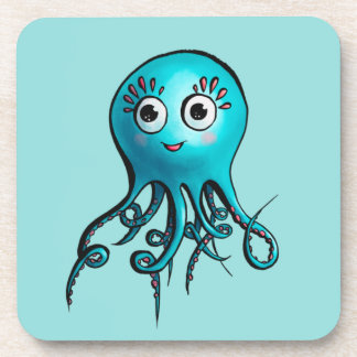 Cute Blue Octopus - Kawaii Cartoon Sea Animal Beverage Coaster
