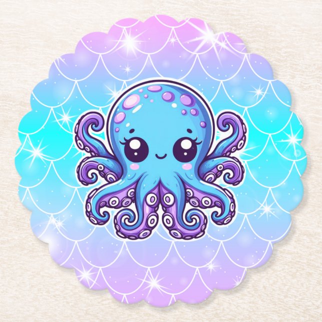 Cute blue octopus paper coaster (Front)