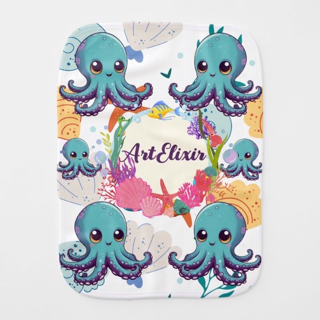 Cute Blue Octopus Print Baby Burp Cloth (Front)