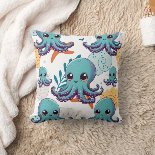 Cute Blue Octopus Print Throw Pillow