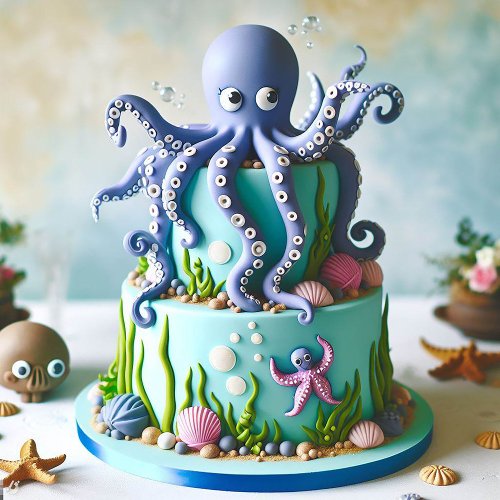 CUTE BLUE OCTOPUS THEMED BIRTHDAY CAKE  INVITATION