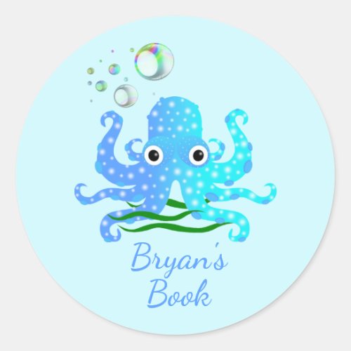 Cute Blue Octopus with Bubbles Nautical Book Plate