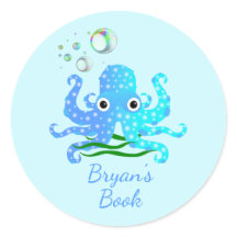 Cute Blue Octopus with Bubbles Nautical Book Plate