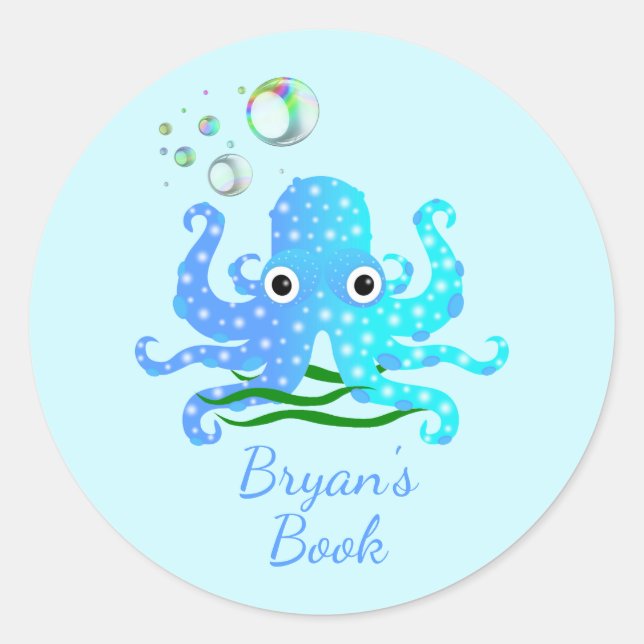 Cute Blue Octopus with Bubbles Nautical Book Plate (Front)