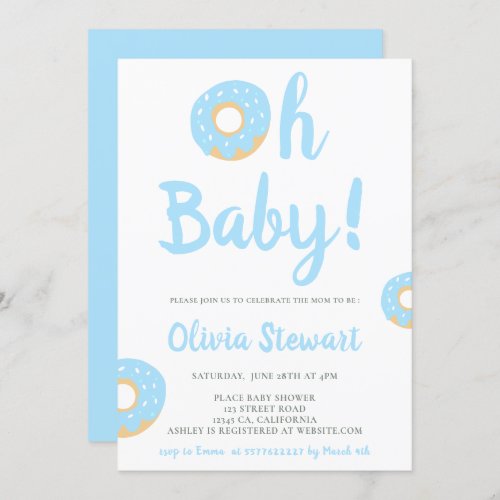 Cute blue oh baby donut script baby shower invitation