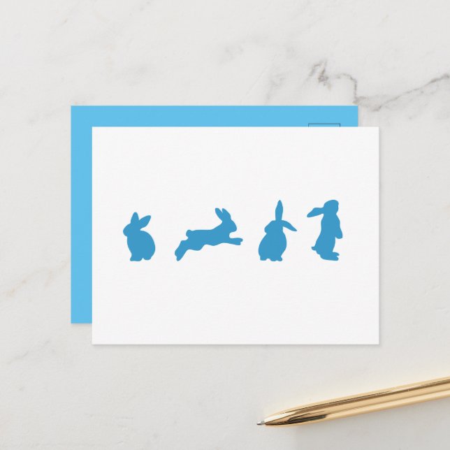 Cute Blue on White Rabbits Postcard (Front/Back In Situ)