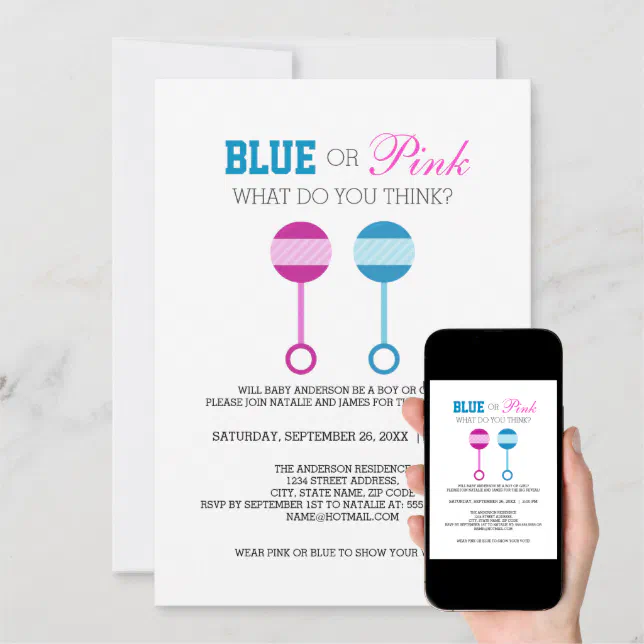 Cute Blue or Pink Baby Rattle Gender Reveal Party Invitation | Zazzle