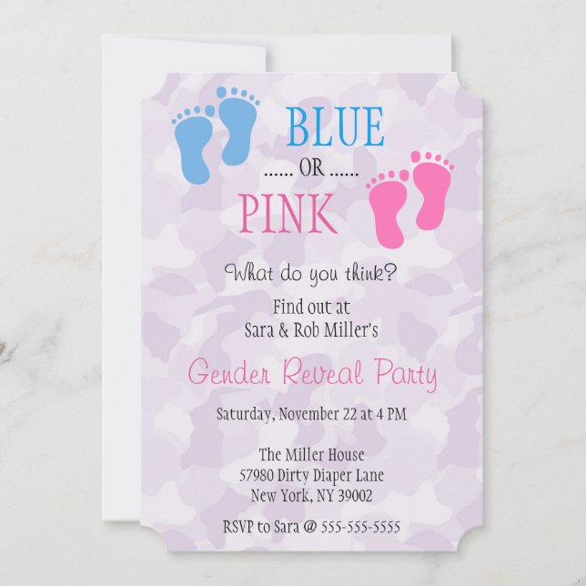 Cute Blue or Pink Footprint Gender Reveal Invite (Front)