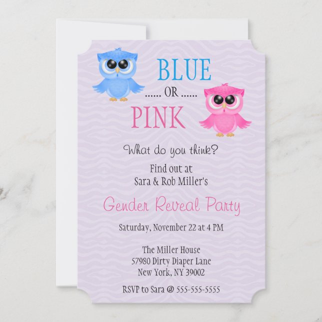 Cute Blue or Pink Owl Gender Reveal Invite (Front)