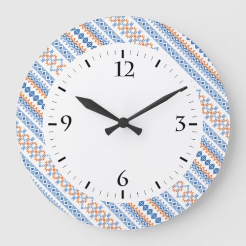Cute blue orange Aztec Tribal Motif Pattern Large Clock