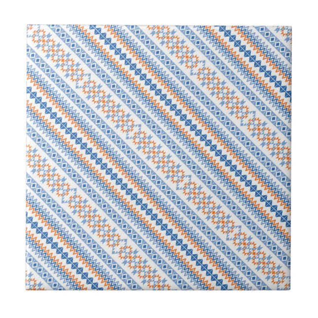 Cute blue orange Aztec Tribal Motif Pattern Tile (Front)