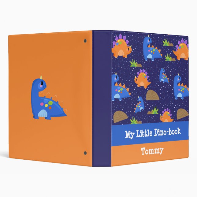 Cute Blue Orange Baby Dinosaur Sparkling Star 3 Ring Binder (Background)