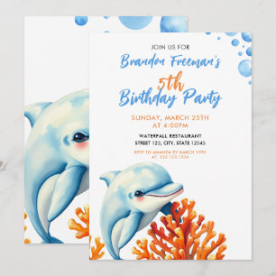 Cute Blue & Orange Coral Dolphin Kids Birthday Invitation