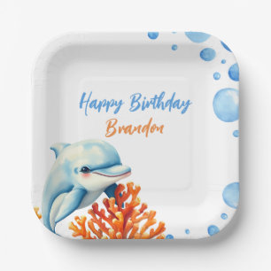 Cute Blue & Orange Coral Dolphin Kids Birthday Paper Plates