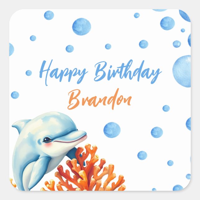 Cute Blue & Orange Coral Dolphin Kids Birthday Square Sticker (Front)