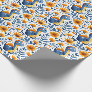 Cute Blue Orange Dinosaur Yellow Daisies Wrapping Paper