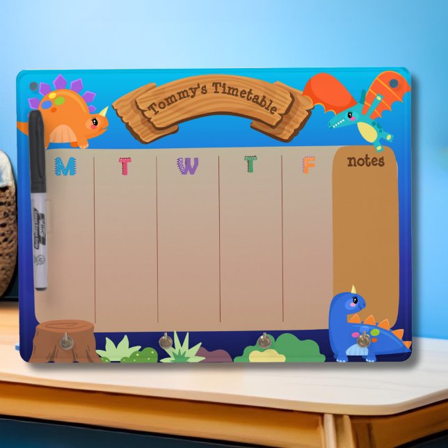 Cute Blue Orange Litte Dinosaur Timetable Dry Erase Board With Keychain Holder (Creator Uploaded)