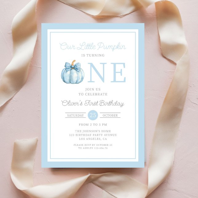 Cute Blue Our Little Pumpkin Boy 1st Birthday Invitation (Cute Blue Our Little Pumpkin Boy 1st Birthday Invitation)