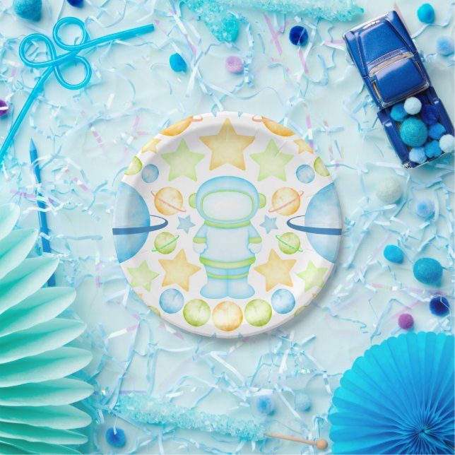 Cute Blue Outer Space Boys Birthday Astronaut Paper Plates (Party)