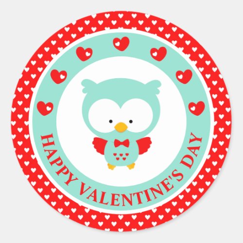 Cute Blue Owl and Hearts Valentines Day Classic Round Sticker