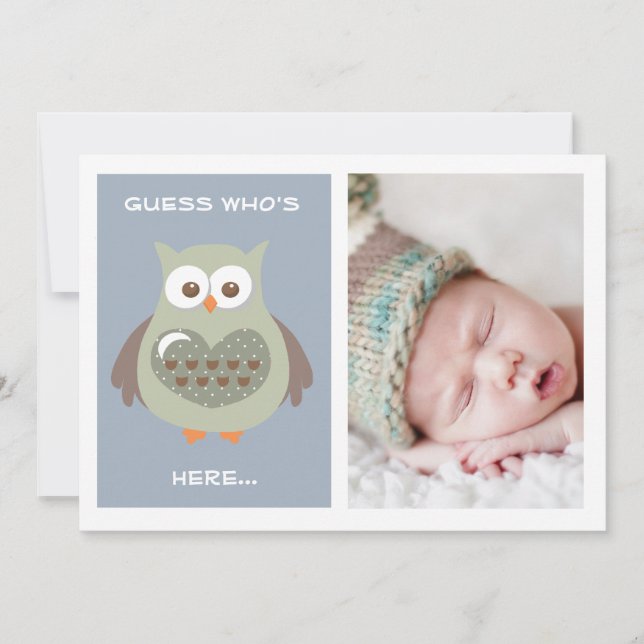 CUTE BLUE OWL BABY ANNOUNCEMENT PHOTO CARD (Front)